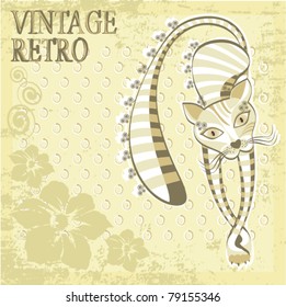 Old card with funny cat. Retro vintage vector background