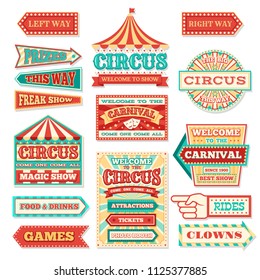 Old carnival circus banners and carnival labels vector set. Circus festival, arrow banner to entertainment illustration