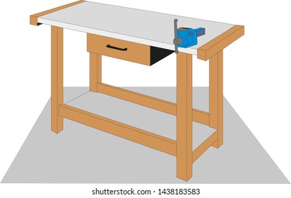 Old carpenter wooden work bench isolated on a white background Vector illustration.