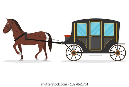 Old carriage with a horse, a horse pulls a carriage behind him. Vector illustration, vector.