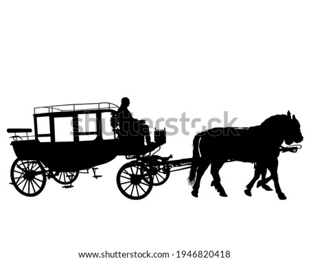 Old carriage with horses goes down the street. Isolated silhouette on white background