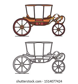 Old carriage for marriage or wedding vintage chariot. Isolated cab or coach, cart for princess or queen, royal fairytale clarence or outline of victorian buggy, romantic open cab. Transportation