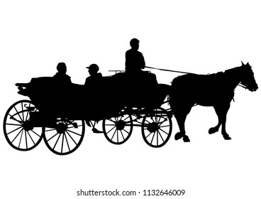 Old carriage and a team of horses on a white background