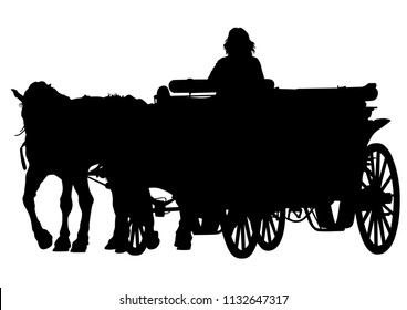 Old carriage and a team of horses on a white background