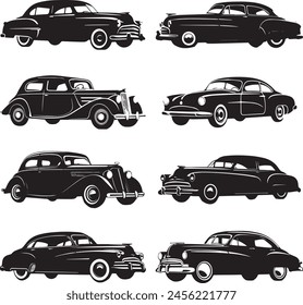 Colección de coches antiguos. ilustraciones. siluetas de coches antiguos