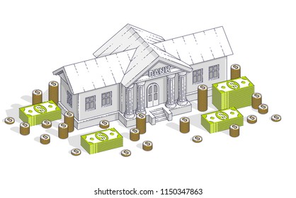 Old cartoon bank building with cash money dollar pile and cent stack cartoon isolated over white background. 3d vector business and finance design, isometric thin line illustration.