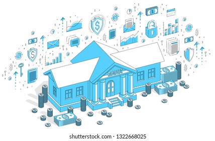 Old cartoon bank building with cash money dollar pile and cent stack cartoon isolated over white background. Isometric vector finance illustration with icons, stats charts and design elements.