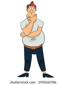 Old Cartoon, Comic Style Thinking Stout Man Wondering About Sulotion. Heavy Man Confused, Worried. Vector Clip Art Illustration Isolated On White