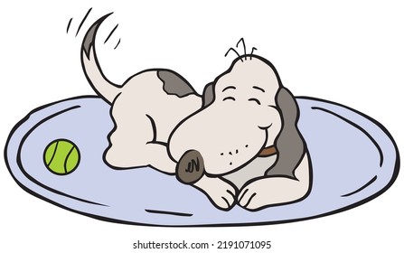 An old cartoon dog is resting comfortably on his bed