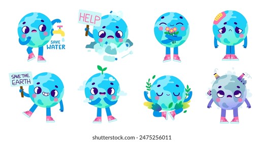 Old cartoon earth planet set. Vector ecological mascot. Bundle of earth planet with cute face for kids.