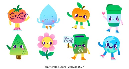 Conjunto de personajes ecológicos de dibujos animados antiguos. Lindas mascotas de Vector groovy para niños educación ambiental.