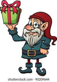 Old cartoon elf holding a present. Vector illustration with simple gradients. All in a single layer.