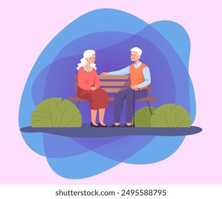 Old cartoon man and woman sitting on bench in park. Happy senior or elderly couple spending time together flat vector illustration. Summer, love, recreation concept for banner, landing page