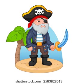 Old cartoon pirate character in hat and bandana standing on tropical island with saber in hands isolated on white background.