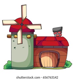 Old cartoon red house with windmill tower vector illustration