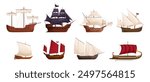 Old cartoon sailboats. Wooden ships, sailing ship, wind sail boat pirate frigate warship longboat simple schooner nave, traditional ancient sailboat sea galleon, ingenious vector set of boat old ship.