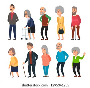 Old cartoon seniors. Aged people, wrinkled senior grandfather and walking grandmother with gray hair. Elderly mature people, cheerful seniors oldies isolated icons illustration set