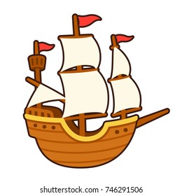 Old cartoon ship drawing with white sails. Traditional tall ship vector illustration.