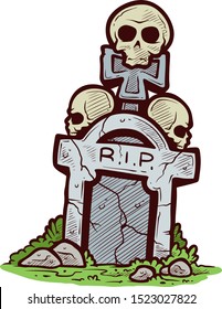 
Old cartoon tombstone with cross and skulls. Isolated on a white background. Vector illustration.