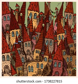 Old cartoon town. Painted sketch in a vintage color palette. Brick towers under red tiled roofs. Vector illustration