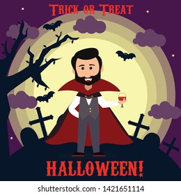Old cartoon vampire in cape hold glass of blood isolated on white background 