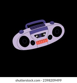 Old cassette boombox, vintage tape recorder, music radio. Retro stereo system. Funky audio player. Musical equipment of 80s, 90s. Retrowave nostalgia, disco culture. Flat isolated vector illustration
