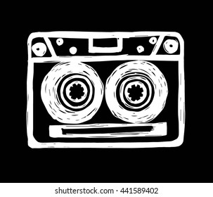 old cassette on black background. Audio Cassette.Hand drawn, pen and ink. Also suitable for tattoo, poster, postcard, greeting card