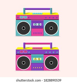 Grabadora de cassette antigua para empujar música con dos altavoces. Ilustración vectorial.