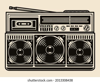 Old cassette recorder with radio in vintage monochrome style isolated vector illustration