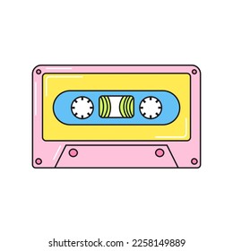Old cassette retro 90s style pink. Colorful vector sticker isolated on white background.