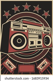 Old Cassette Stereo Recorder Poster, Retro Propaganda Placard Style Background