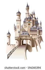 Old castle with a bridge on a white background