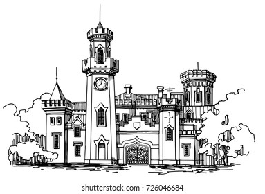 Old castle building vector illustration. Handmade drawing ink lines , the historical architecture .