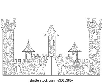Old Castle Coloring book for adults vector illustration. Anti-stress coloring for adult building. Zentangle style. Black and white lines. Lace pattern