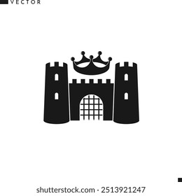 Old castle with crown sign. Isolated castle on white background. Antique building vector. Vintage style sign 