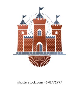 Old castle decorative isolated vector illustration. Ancient Castle ornate logo in old style on white background.