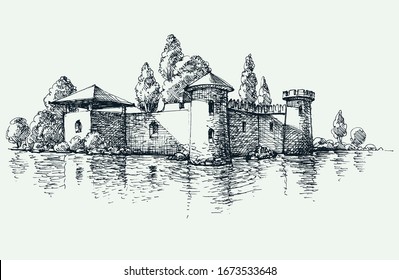 Old Castle Front View Artistic Hand Drawing