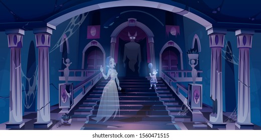 Old castle with ghosts flying in dark scary room with staircase. Abandoned palace hall entrance interior with spiderweb, cracked pillars and statues, halloween spooky scene Cartoon vector illustration