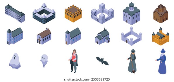 Old castle ghosts icons set. Isometric set of icons including different castles, churches, a dracula, a bat, ghosts and witches