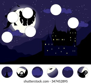 Old castle with ghosts in the moonlit night: complete the puzzle and find the missing parts of the picture. Vector illustration. Educational game for kids
