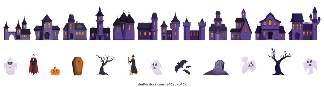 El viejo castillo fantasma el Vector. Una hilera de casas con un tema de Halloween. Las casas están decoradas con fantasmas, brujas y calabazas