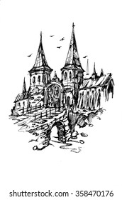 Old castle . graphic design gel pen. Adult Coloring Books