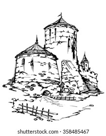 Old castle . graphic design gel pen. Adult Coloring Books