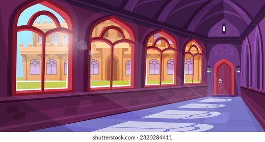 Old castle hall background with large windows and a secret door and shadows on the marble floor. Magic school interior. Vector illustration of a medieval palace hallway for game design.
