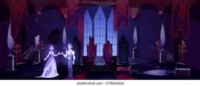 Old castle hall with ghosts couple dance in darkness. Scary throne room with spiderweb. Abandoned palace interior with moonlight falling on floor, halloween spooky scene. Cartoon vector illustration