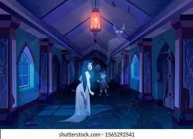 Old castle hall with ghosts walking in darkness. Scary corridor with doors and windows. Abandoned palace interior with moonlight falling on floor, halloween spooky scene. Cartoon vector illustration