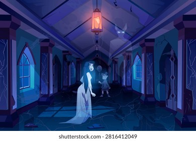 Old castle hall with ghosts walking in darkness. Scary corridor with doors and windows. Abandoned palace interior with moonlight falling on floor, halloween spooky scene. Cartoon vector illustration
