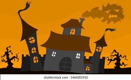 old castle halloween poster with smoke and yellow sky