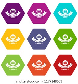 Old castle icons 9 set coloful isolated on white for web