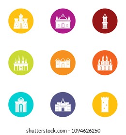 Old castle icons set. Flat set of 9 old castle vector icons for web isolated on white background